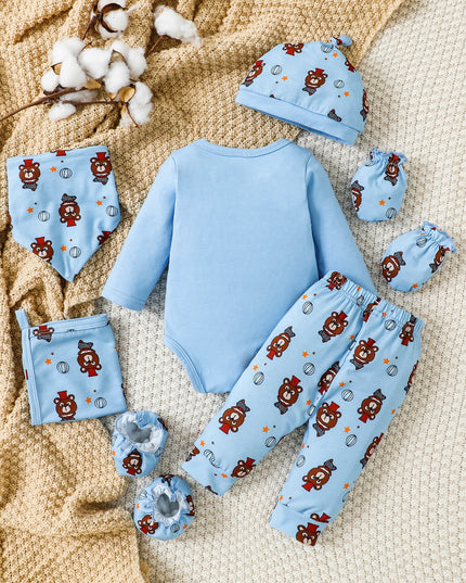 Baby boy wearing bear print long sleeve bodysuit and pants

9-piece baby clothing set with cartoon bear design