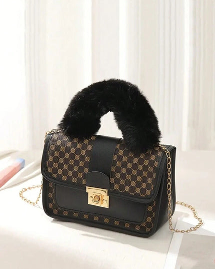 Vintage plush handbag for girls with chain strap

Black textured girls handbag with turn-lock closure

Soft plush medium-size purse for girls