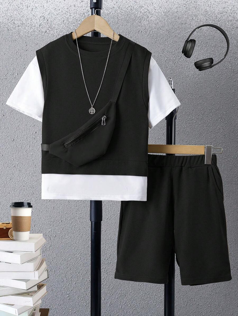 Boys 2-piece summer casual set with patchwork top

Solid shorts and short sleeve top for young boys

Stylish crossbody bag included with boys outfit

Trendy casual summer outfit for boys

Lightweight polyester boys clothing with slight stretch