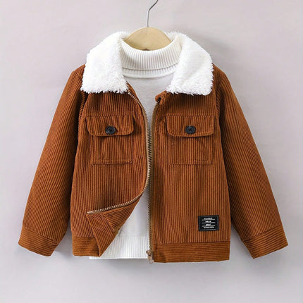 Young boy wearing corduroy patchwork jacket with fleece collar

Boys lightweight spring autumn corduroy jacket front zipper

Casual boys jacket with contrast collar and functional pockets

Trendy boys outerwear jacket for school and daily wear

Corduroy fleece collar jacket for young boys in coffee brown