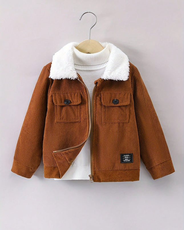 Young boy wearing corduroy patchwork jacket with fleece collar

Boys lightweight spring autumn corduroy jacket front zipper

Casual boys jacket with contrast collar and functional pockets

Trendy boys outerwear jacket for school and daily wear

Corduroy fleece collar jacket for young boys in coffee brown