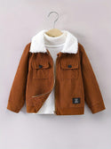 Young boy wearing corduroy patchwork jacket with fleece collar

Boys lightweight spring autumn corduroy jacket front zipper

Casual boys jacket with contrast collar and functional pockets

Trendy boys outerwear jacket for school and daily wear

Corduroy fleece collar jacket for young boys in coffee brown