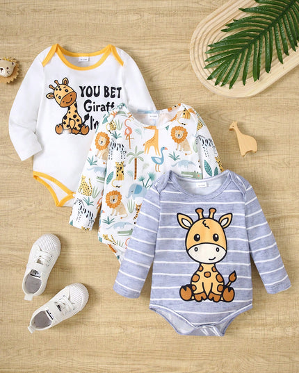 Baby boys 3-piece cartoon giraffe print outfit

Cute toddler long sleeve tees with colorful prints

Adorable giraffe and geometric designs for baby boys

Comfortable polyester blend baby clothing set

Casual and playful everyday wear for toddlers