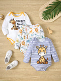 Baby boys 3-piece cartoon giraffe print outfit

Cute toddler long sleeve tees with colorful prints

Adorable giraffe and geometric designs for baby boys

Comfortable polyester blend baby clothing set

Casual and playful everyday wear for toddlers