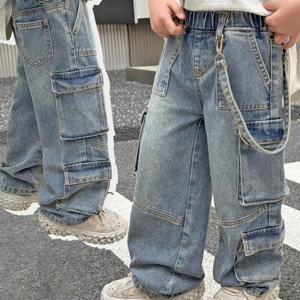 Vintage distressed boys’ wide-leg denim cargo pants with detachable belt

Elastic high-waist casual pants for spring and summer

Functional cargo pockets for style and practicality