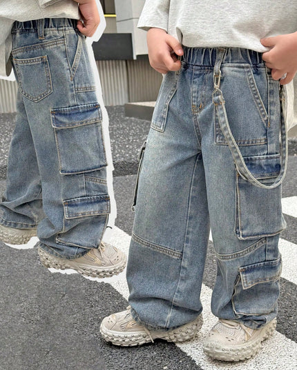 Vintage distressed boys’ wide-leg denim cargo pants with detachable belt

Elastic high-waist casual pants for spring and summer

Functional cargo pockets for style and practicality