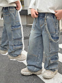 Vintage distressed boys’ wide-leg denim cargo pants with detachable belt

Elastic high-waist casual pants for spring and summer

Functional cargo pockets for style and practicality