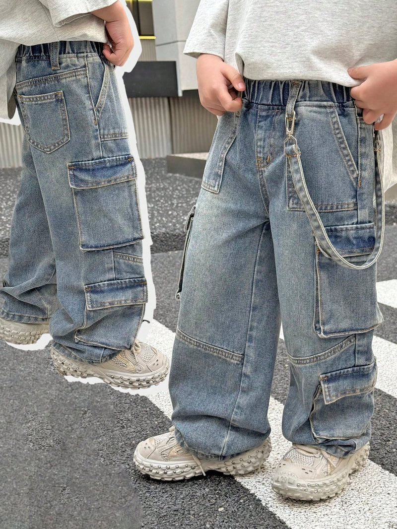 Vintage distressed boys’ wide-leg denim cargo pants with detachable belt

Elastic high-waist casual pants for spring and summer

Functional cargo pockets for style and practicality