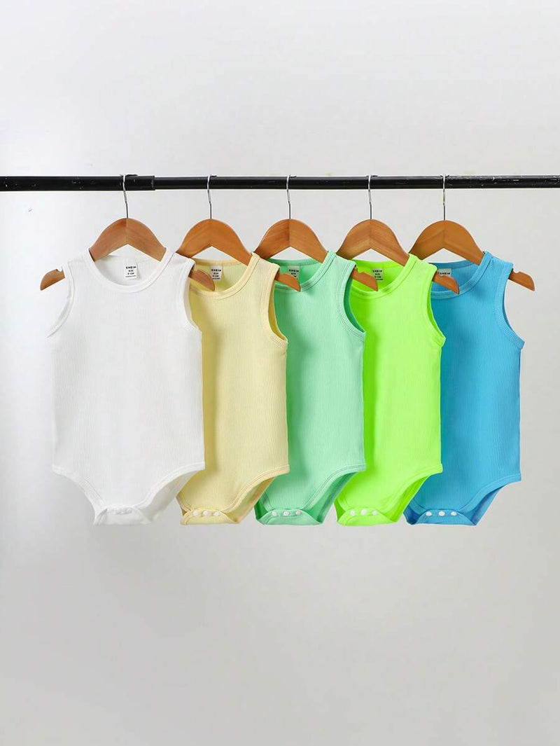 5-piece baby boy romper set in warm multicolor tones

Sleeveless tank romper for infant boys

Soft and slightly stretchy fabric for baby comfort

Multicolor casual outfit for playdates and daily wear

Comfortable round neck baby boy romper set