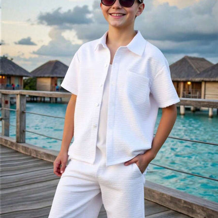 Boys' Casual Short Sleeve Shirt & Shorts Set in White

Summer Outfit for Boys with Wavy Texture Design

Lightweight and Comfortable Boys' Two-Piece Clothing Set

Trendy Boys’ Shirt and Shorts Summer Casual Wear

Loose Fit Boys' Outfit with Short Sleeve Top & Matching Shorts