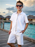 Boys' Casual Short Sleeve Shirt & Shorts Set in White

Summer Outfit for Boys with Wavy Texture Design

Lightweight and Comfortable Boys' Two-Piece Clothing Set

Trendy Boys’ Shirt and Shorts Summer Casual Wear

Loose Fit Boys' Outfit with Short Sleeve Top & Matching Shorts