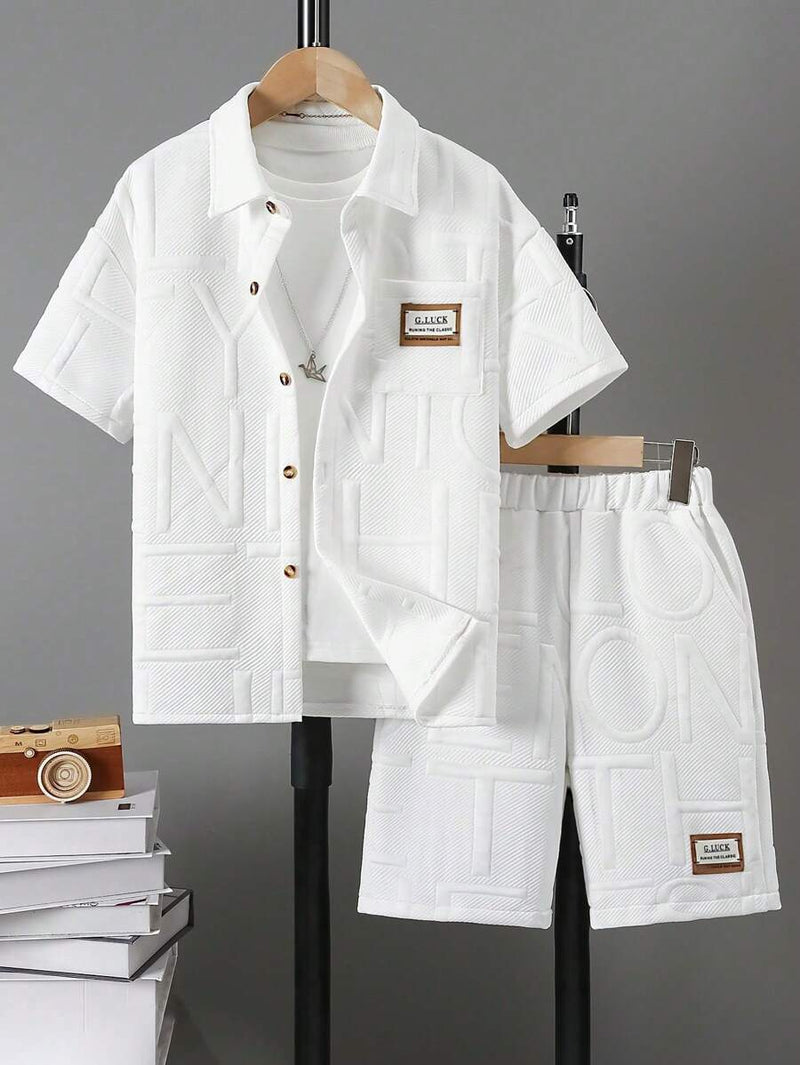 Tween boys 2-piece casual summer set with letter embossed shirt

Stylish boys short sleeve shirt and matching shorts outfit

Comfortable loose fit boys clothing for school and playdates

Fashionable summer outfit for kids with functional shorts pockets

Trendy boys clothing set perfect for casual everyday wear