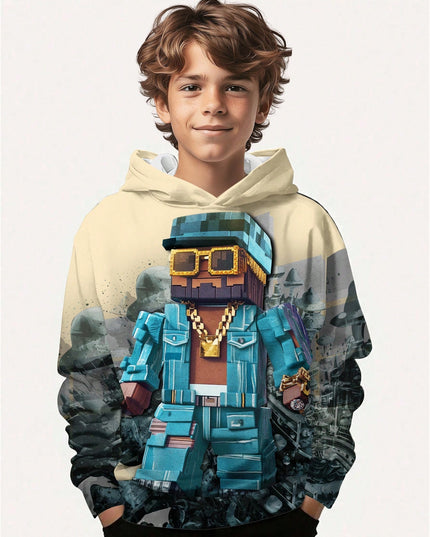 Cute khaki robot graphic hoodie for boys

Winter fleece-lined cartoon hoodie for kids