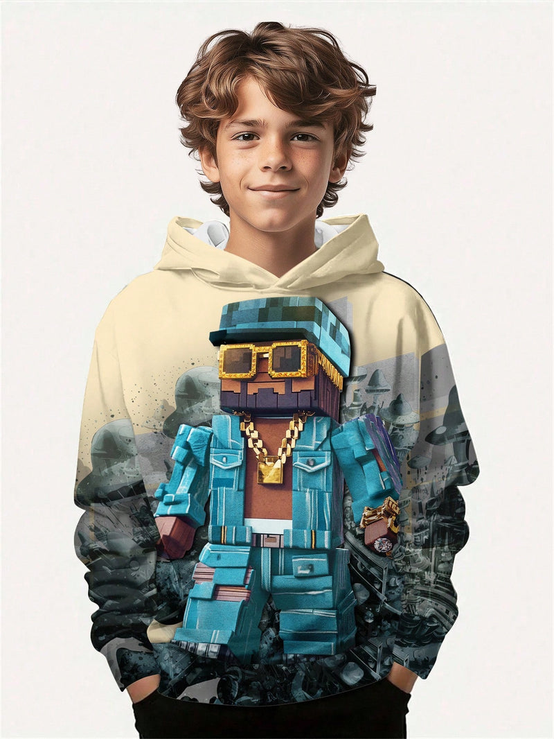 Cute khaki robot graphic hoodie for boys

Winter fleece-lined cartoon hoodie for kids