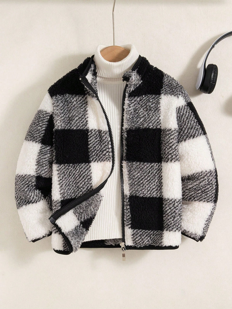 Boys plaid fleece zip-up jacket with stand collar

Kids autumn winter plaid fleece outerwear jacket

Boys casual zip-up fleece jacket front view