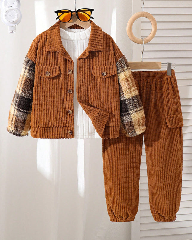 Young boys solid color cardigan with faux furry collar

Long sleeve casual outfit for kids, brown color

Faux pocket detail on stylish boys cardigan

Comfortable boys sweater perfect for school or outings

Lightweight polyester cardigan for young boys