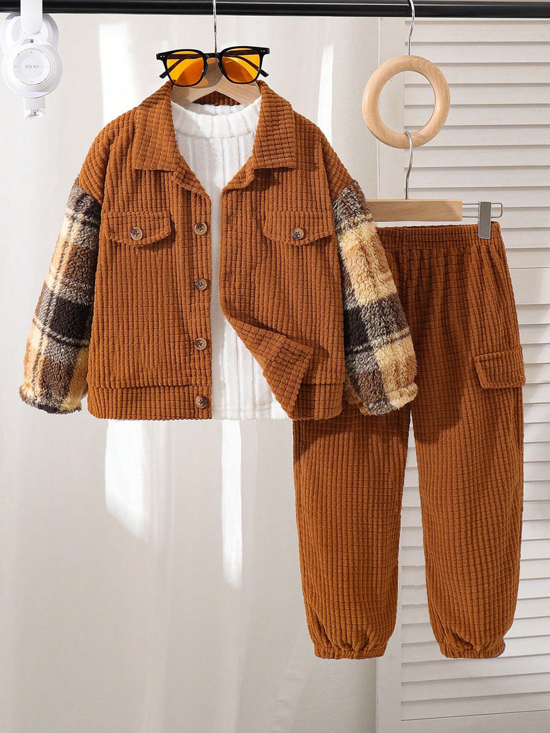 Young boys solid color cardigan with faux furry collar

Long sleeve casual outfit for kids, brown color

Faux pocket detail on stylish boys cardigan

Comfortable boys sweater perfect for school or outings

Lightweight polyester cardigan for young boys