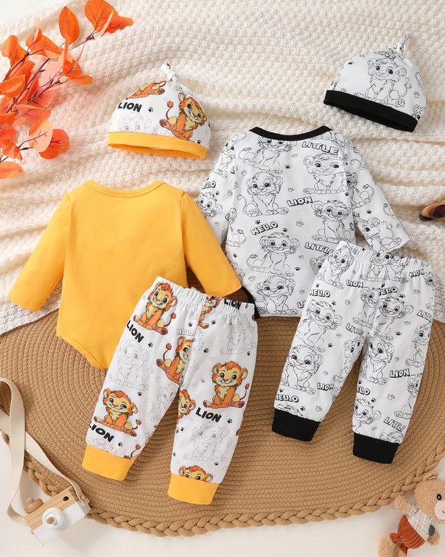 Baby boy wearing cartoon lion romper and pants set

Cute 6-piece baby clothing set with animal print
