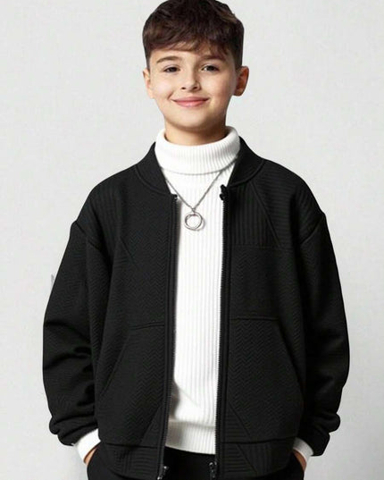 Kids black knit bomber jacket with zipper and baseball collar

Casual oversized children’s jacket with pockets for school wear

Thick knit kids jacket suitable for autumn outdoor activities