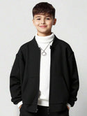 Kids black knit bomber jacket with zipper and baseball collar

Casual oversized children’s jacket with pockets for school wear

Thick knit kids jacket suitable for autumn outdoor activities