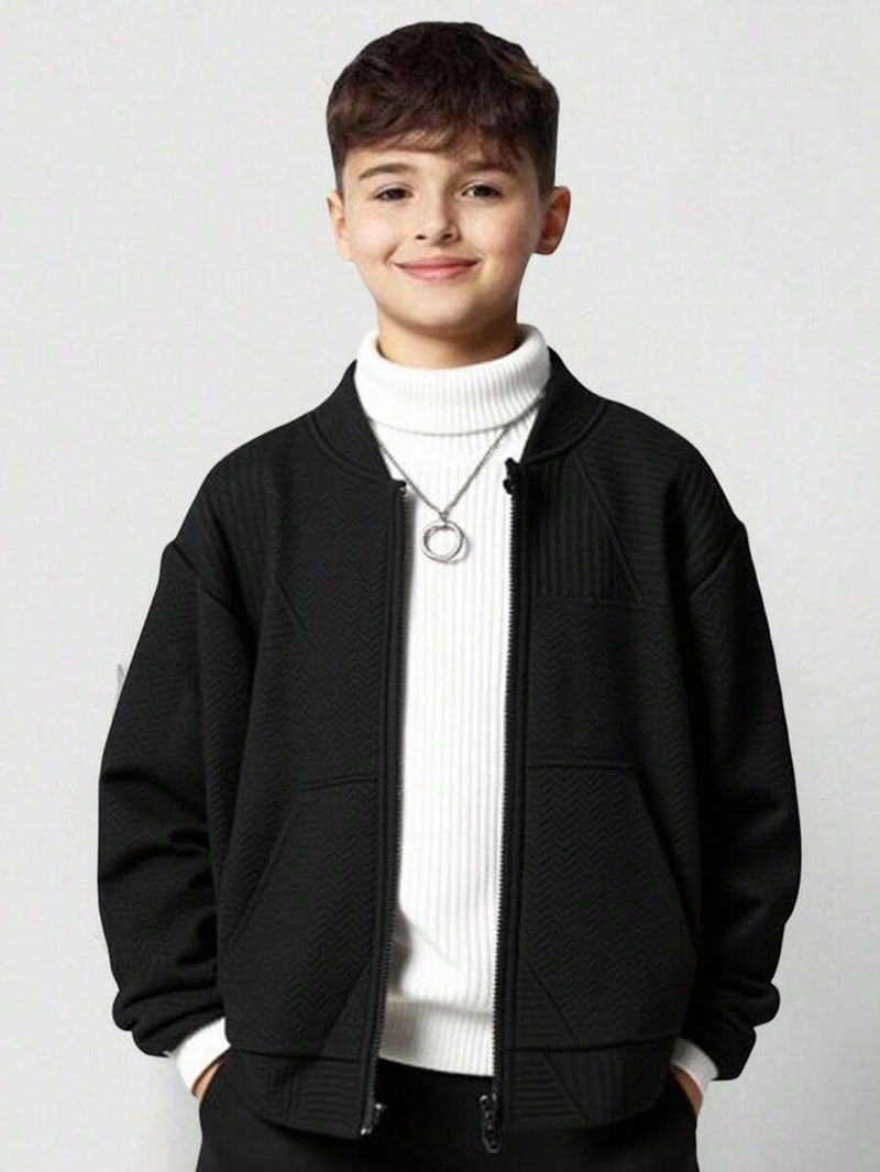 Kids black knit bomber jacket with zipper and baseball collar

Casual oversized children’s jacket with pockets for school wear

Thick knit kids jacket suitable for autumn outdoor activities