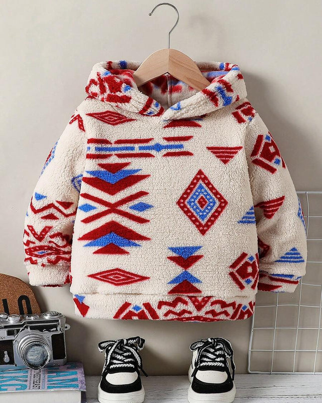 Long sleeve winter hoodie with drop shoulder design

Cozy geometric print pullover for cold weather

Stylish boys fleece sweatshirt for everyday wear