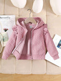 Young girl wearing dusty pink ruffle trim zip up hooded jacket

Girls fall winter hooded jacket with zipper and ruffle details

Cute casual zip up jacket for young girls outdoor wear