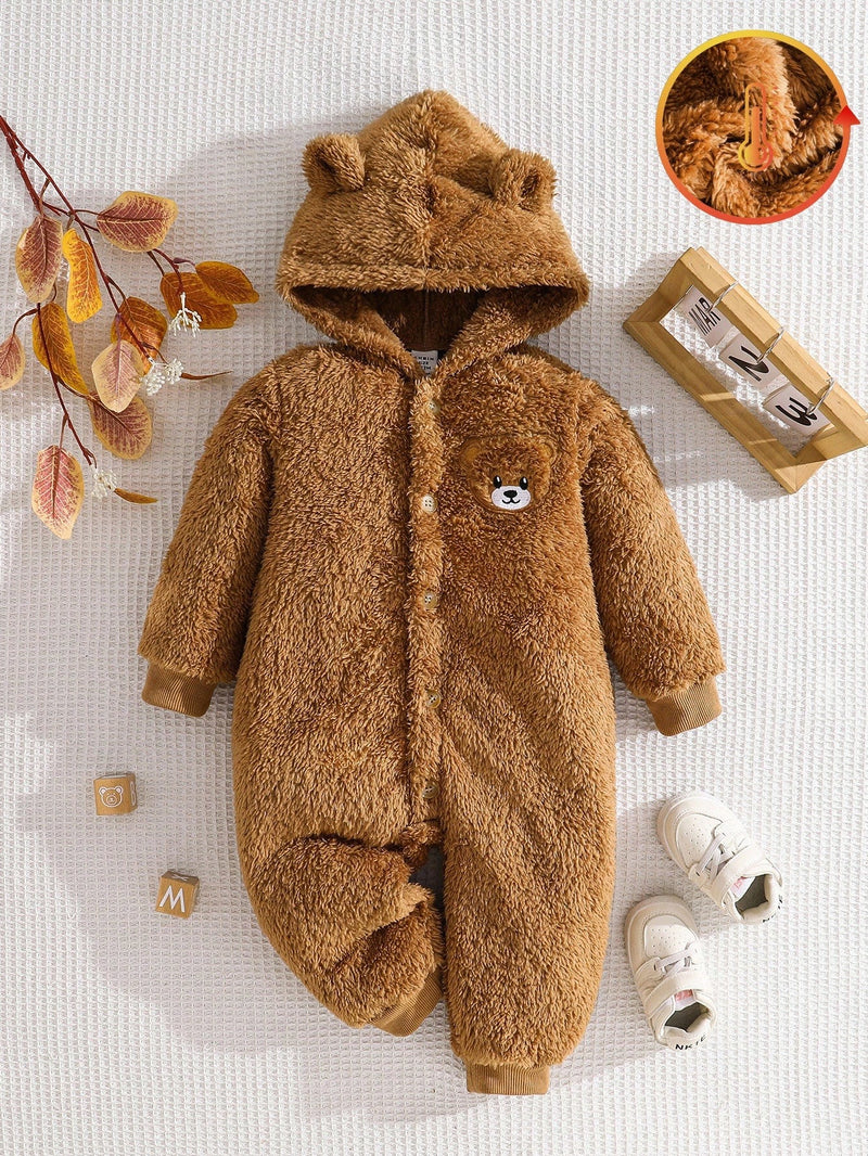 Soft flannelette newborn winter onesie with zipper closure

Cozy fleece-lined baby jumpsuit with hood for cold weather

Unisex newborn fluffy jumpsuit with teddy bear design