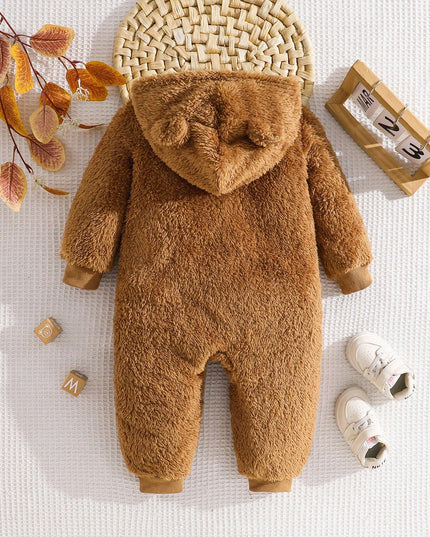 Newborn wearing teddy bear fluffy hooded jumpsuit in khaki color

Cute cartoon teddy bear baby jumpsuit for autumn and winter