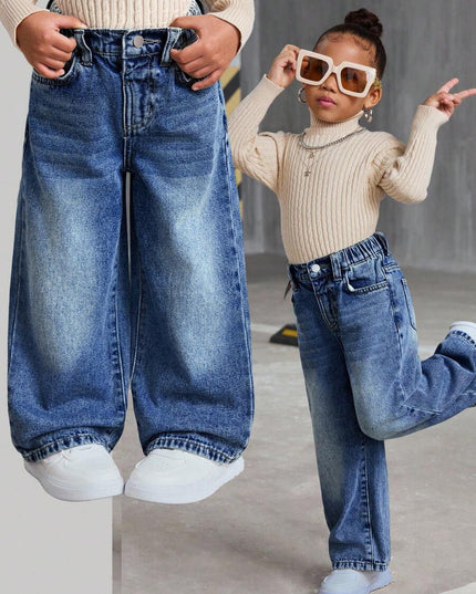Y2K vintage wide-leg baggy jeans for girls, dark wash denim

High-waist loose-fit fall and winter denim pants

Cozy casual streetwear style with button and zipper closure