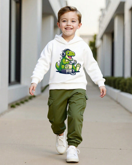 Toddler boys dinosaur print hoodie and cargo pants set

Army green dinosaur hoodie outfit for toddlers
