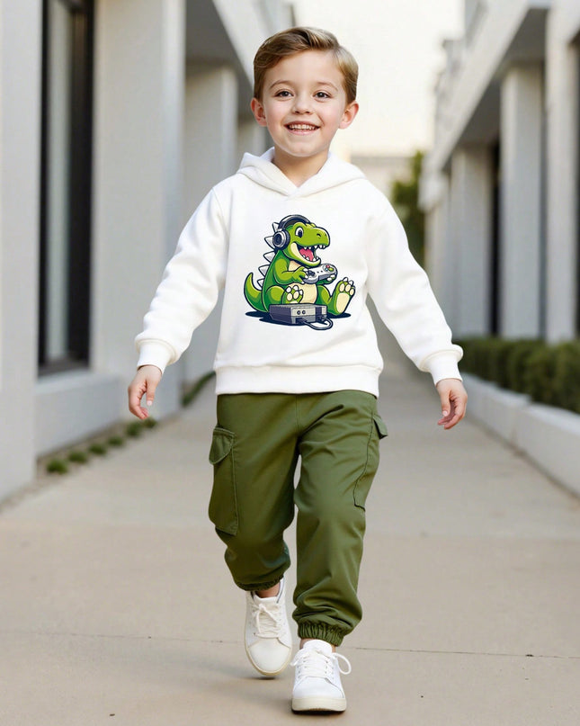 Toddler boys dinosaur print hoodie and cargo pants set

Army green dinosaur hoodie outfit for toddlers