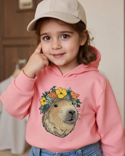 Pink cartoon capybara and flower hoodie for girls

Cute girls winter casual sweatshirt with capybara print