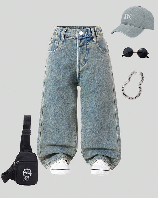 Y2K street-style straight jeans for young girls with elastic waist

High-waist cropped casual denim pants

Flat pockets design for practicality and style