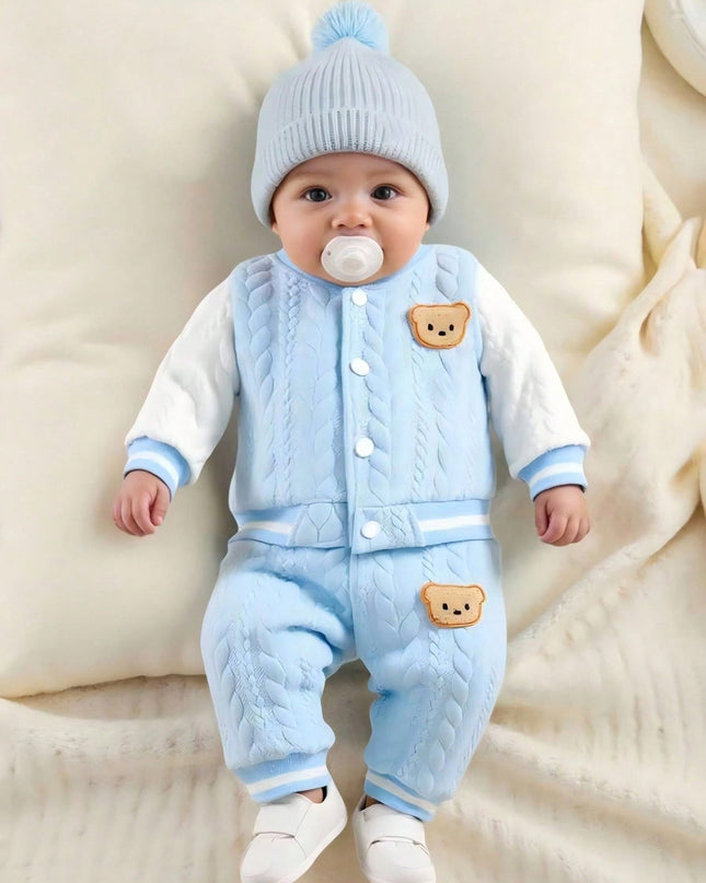 Infant jacket set with button front and striped pattern

Newborn baby clothing set with baseball collar

Comfortable baby jacket and pants outfit for daily wear