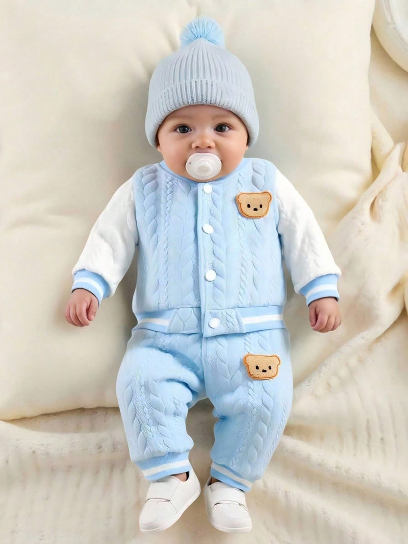 Infant jacket set with button front and striped pattern

Newborn baby clothing set with baseball collar

Comfortable baby jacket and pants outfit for daily wear