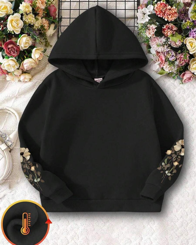 Warm lined floral print pullover for young girls