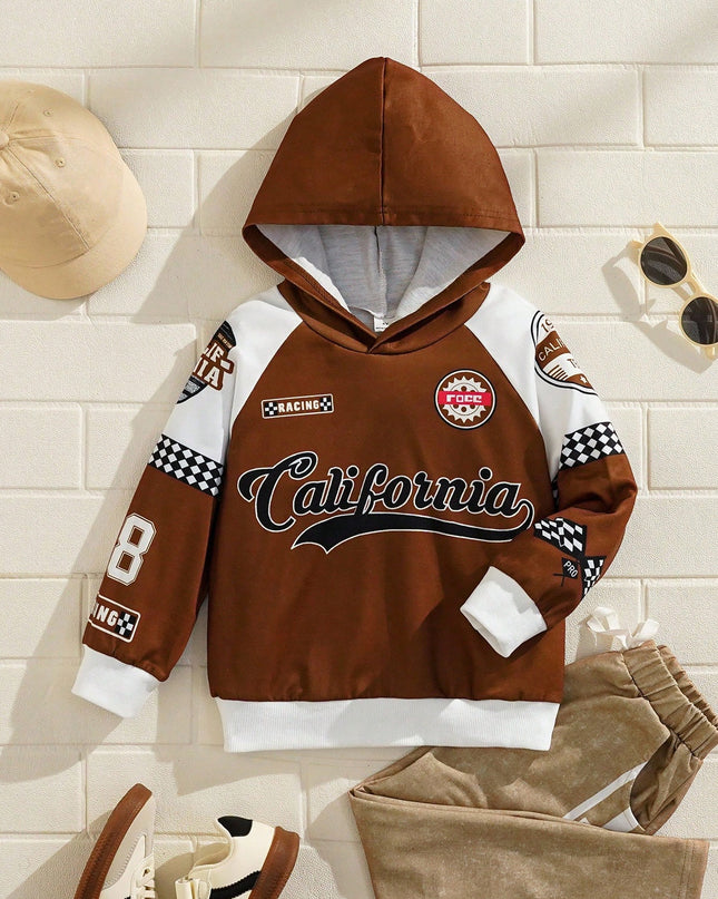 Lightweight graphic hoodie for casual spring/fall wear

Coffee brown boys hoodie with long sleeves and loose fit

Trendy California racing car hoodie for school or play