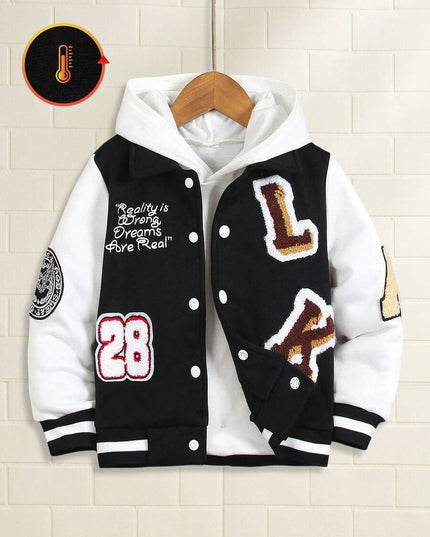 Young boys street style jacket with lapel and button front

Black boys casual jacket with pockets for spring and fall

Trendy boys streetwear jacket with slogan and letter design

Lightweight boys outerwear jacket for everyday casual wear

Stylish boys lapel jacket paired with jeans