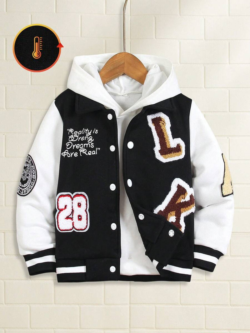 Young boys street style jacket with lapel and button front

Black boys casual jacket with pockets for spring and fall

Trendy boys streetwear jacket with slogan and letter design

Lightweight boys outerwear jacket for everyday casual wear

Stylish boys lapel jacket paired with jeans